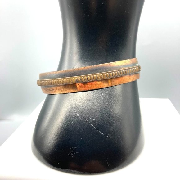 Vintage Genuine Copper Cuff Bracelet, Smooth Wider Band with Ridged Skinny - Picture 2 of 7